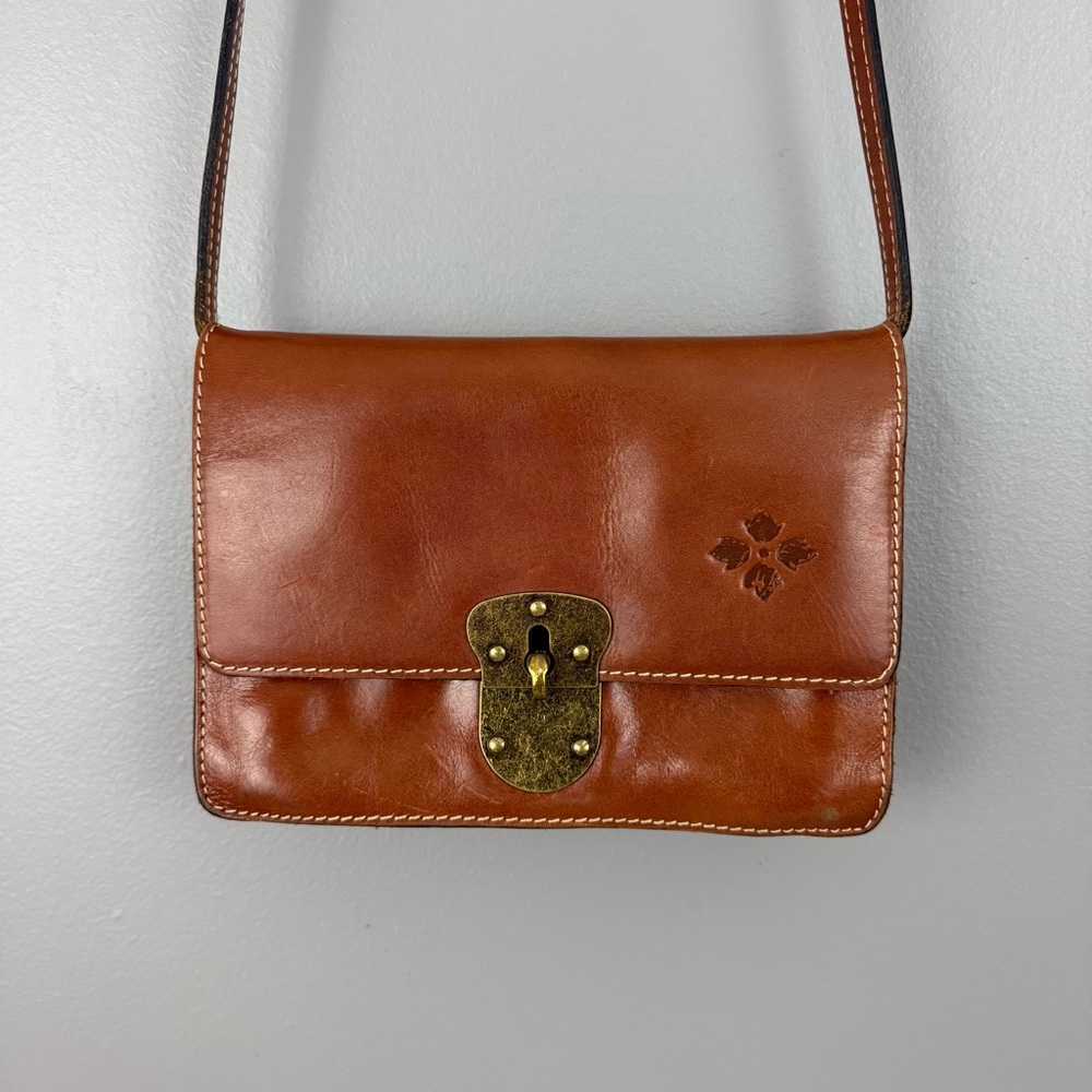 Patricia Nash Cognac Leather Crossbody Convertible Clutch Brass Lock